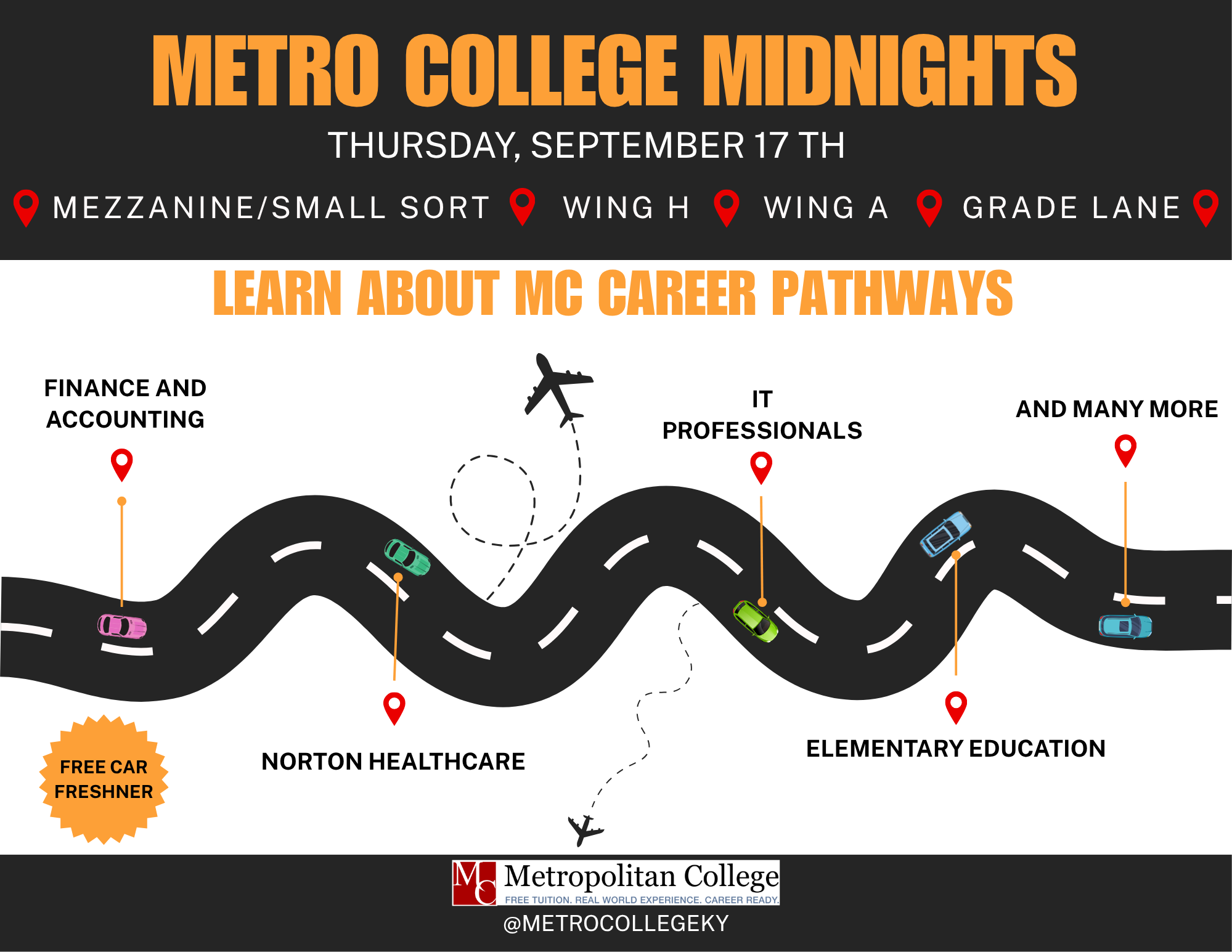 The next Metro Midnight will be on Thursday September 17th. MC representatives will be at the Mezzanine/Small Sort, Wing H, Wing A, and Grade Lane. They're promoting career pathways in finance and accounting, IT, healthcare, education, and more.